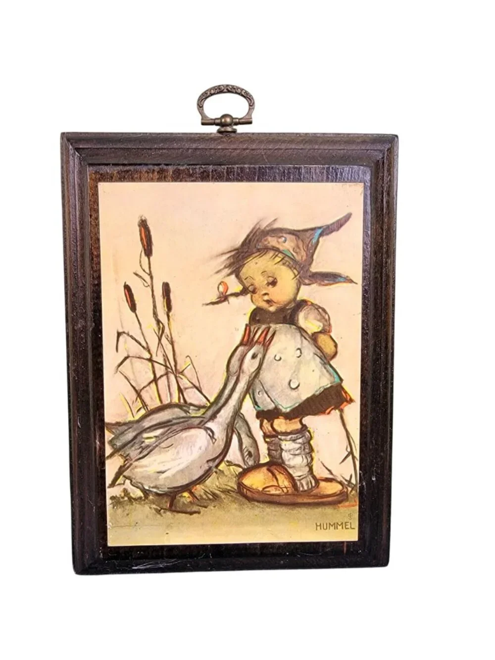 Vintage 40s Hummel Print on Wood Little Goose Girl Wall Hanging Plaque Home Deco